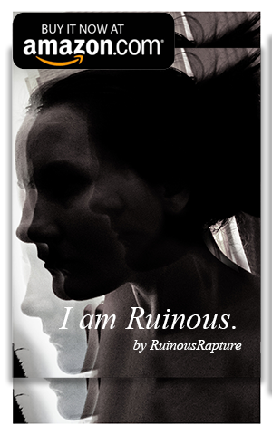 Cover image of I am Ruinous. Image of a woman's face multiplied several times in ghostly form. Banner with Buy it now at Amazon displayed in the top left.